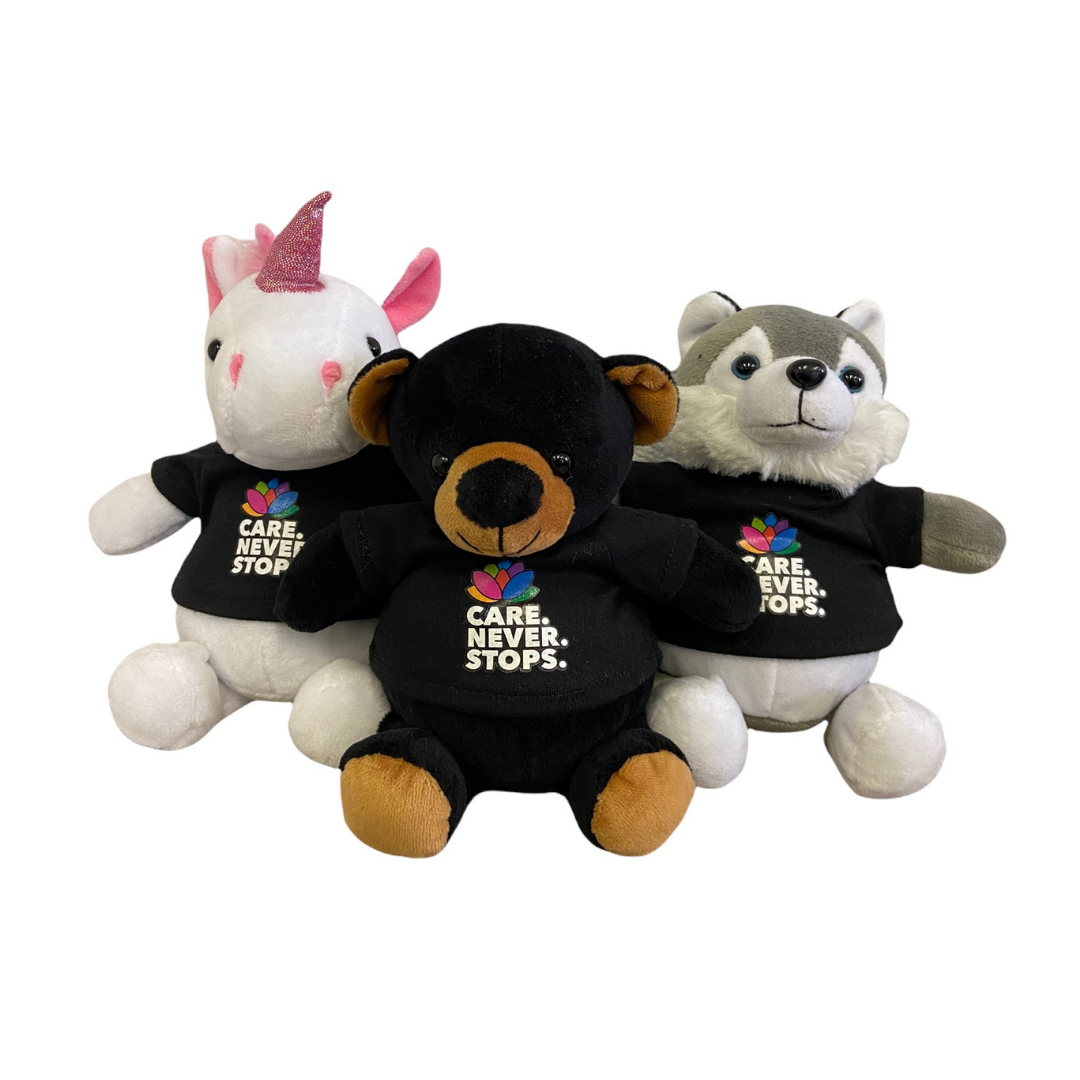 Stuffed Animals wearing Grand River Hospital Foundation Care Never Stops t-shirts