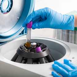 Image of Two hands wearing blue medical gloves place blood collection tubes into the centre of the centrifuge.